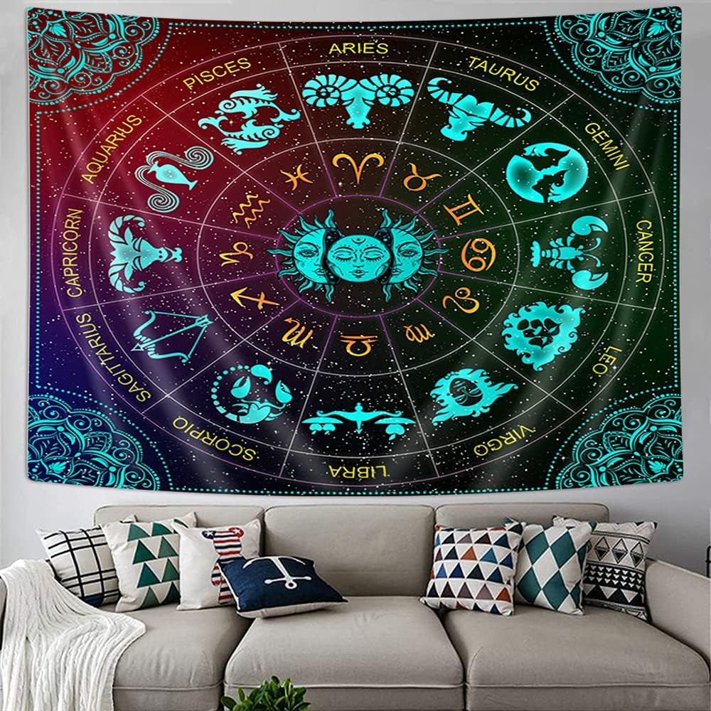 Zodiac Astrology Wall Hanging, Sun and Moon Constellation Blacklight Art, Trippy Mandala Boho Witchy Wall Tapestry for Bedroom, Living Room, Dorm, (60X40)