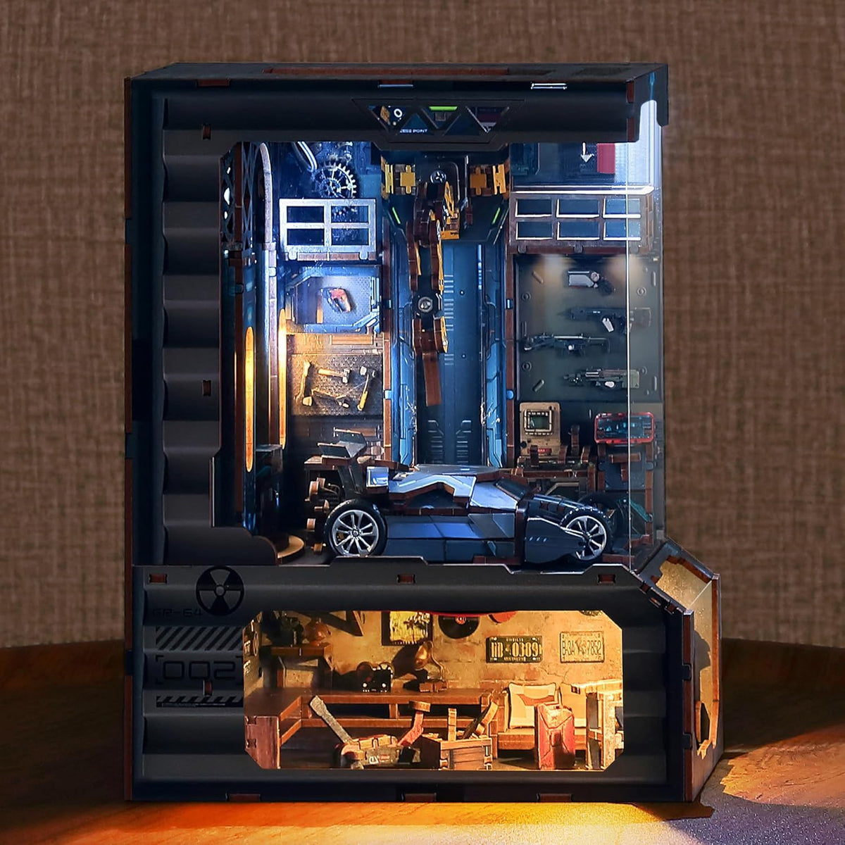 3D Wood Puzzle Book Nook Kit, Automobile Workshop Miniature Bookshelf Insert Décor with LED Lights, DIY Mechanical Model for Display, Unique Craft for Adults (Automobile Workshop)