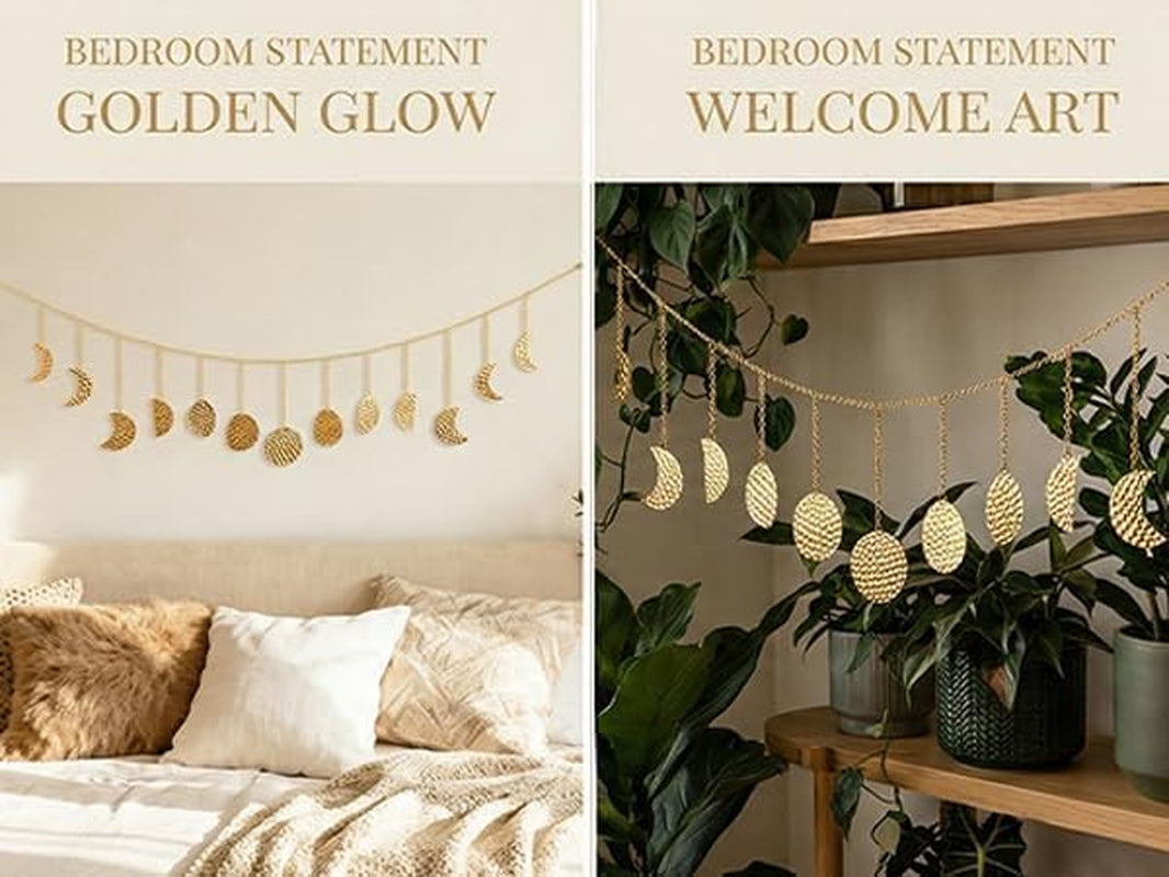 36 Inch Moon Phase Wall Decor, Handmade Hammered Metal Gold Boho Celestial Wall Art, 13 Phases Moon Hanging Decor for Bedroom Living Room, Gift for Women