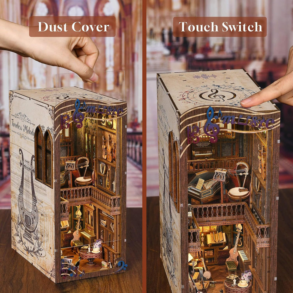 Timeless Melody Book Nook - DIY Miniature Dollhouse Music Kit for Adults, 3D Wooden Puzzle Bookends Bookshelf Insert Decor with LED Light, Gifts for Family, Friends