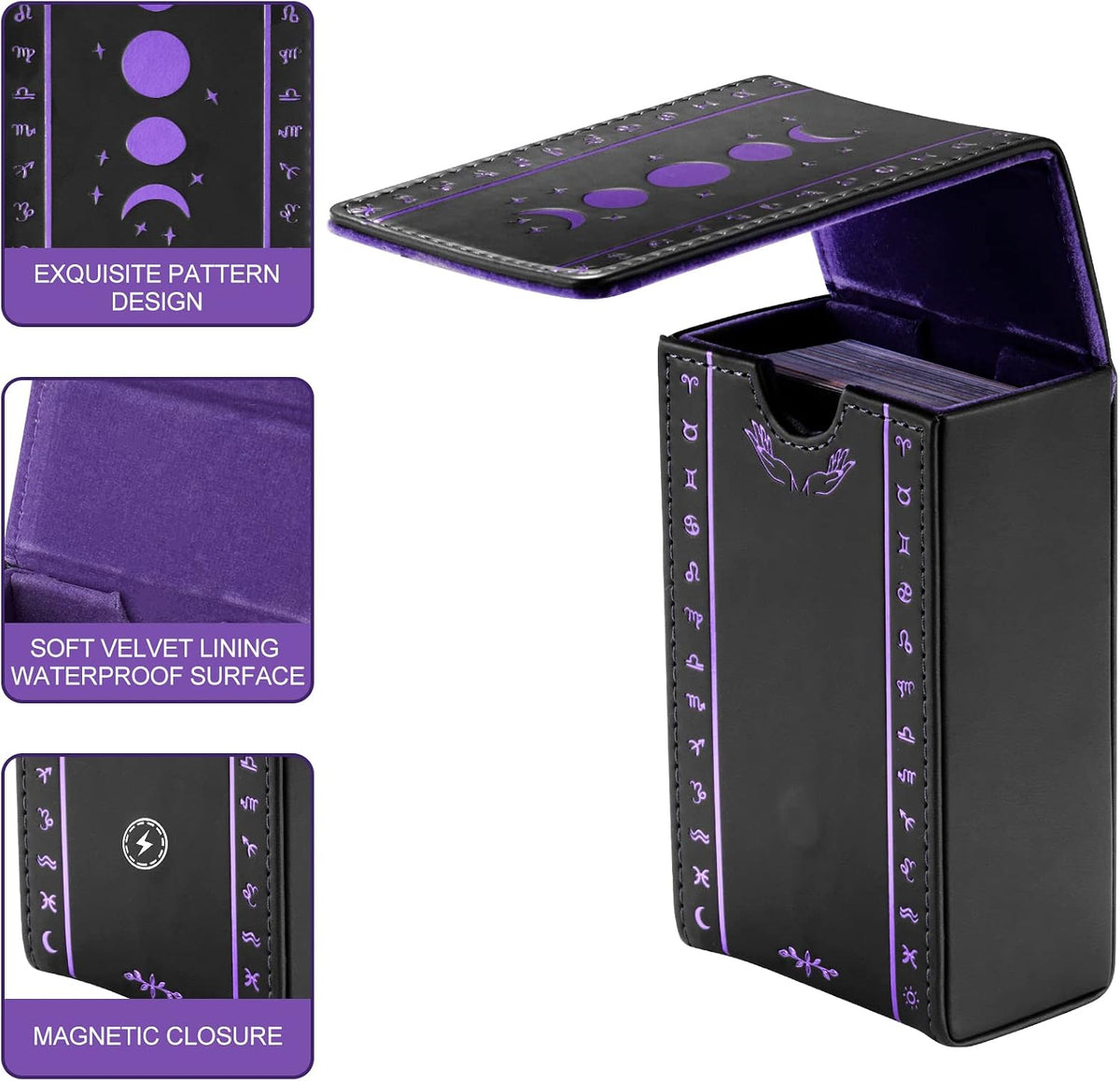 Tarot Cards Holder, Leather Tarot Card Case/Box, Suitable for Standard Size Tarot Cards (2.75In X 4.75In)-Moon Phase Design (Purple)