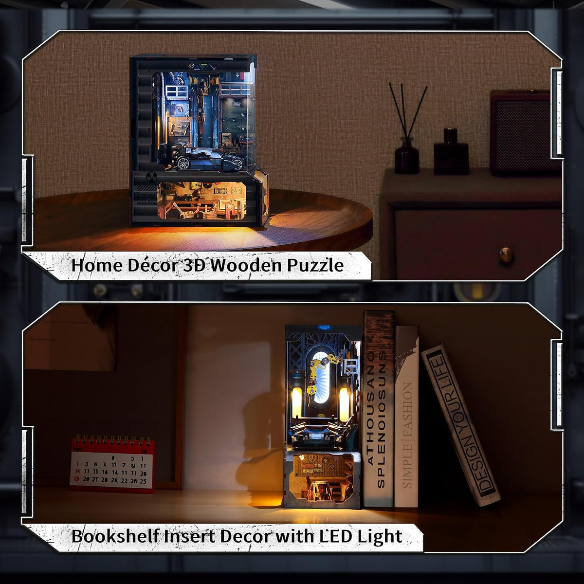 3D Wood Puzzle Book Nook Kit, Automobile Workshop Miniature Bookshelf Insert Décor with LED Lights, DIY Mechanical Model for Display, Unique Craft for Adults (Automobile Workshop)