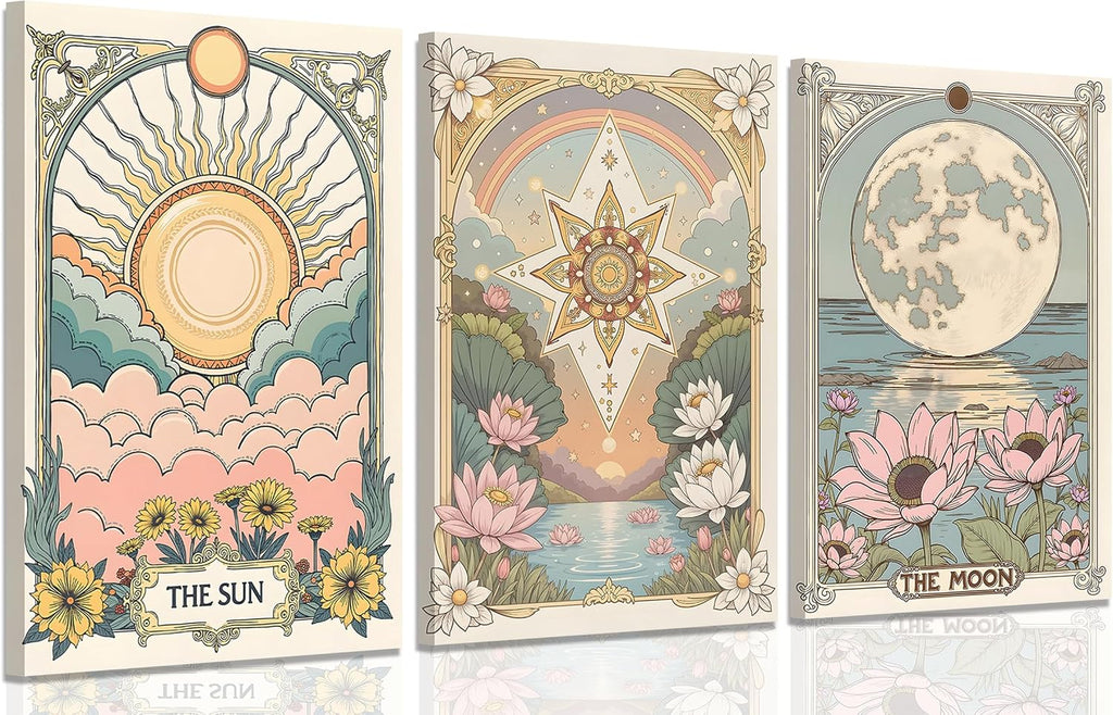 3Pcs Framed Tarot Crescent Sun and Moon Star Canvas Wall Art