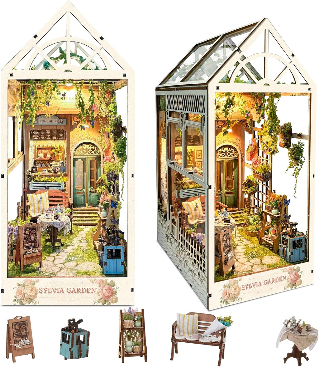 DIY Book Nook Kit,Diy Dollhouse Booknook Bookshelf Insert Decor,3D Wooden Puzzles with LED Dust Cover,Book Nook Miniature Kit,Birthday Halloween Home Decor for Teens Adult-Sylvia Garden