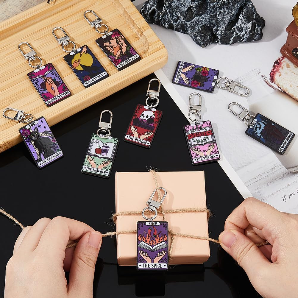 10Pcs 10Styles Tarot Pendants Keychains Arylic Tarot Card Charms Sun Moon Stitch Markers Astrology Divination Charms with Alloy Swivel Clasps for Jewelry Making DIY Crafts, 7.5Cm(Black)