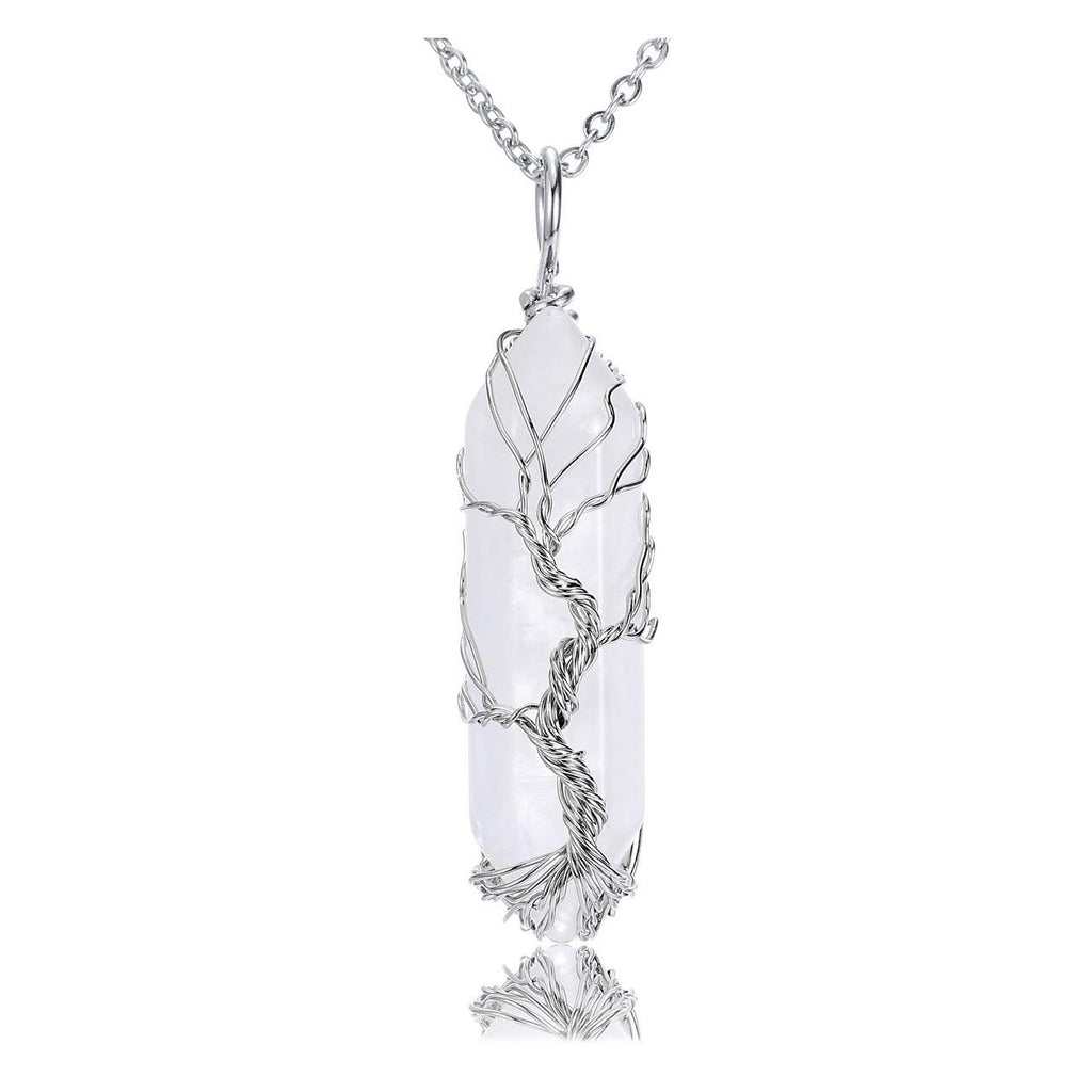 PESOENTH Life Tree Clear Quartz Crystal Healing Pendant Necklace Silver Wire Wrapped Raw Gemstone Hexagonal Reiki Energy Stone Pointed Pendant Jewelry for Women Men