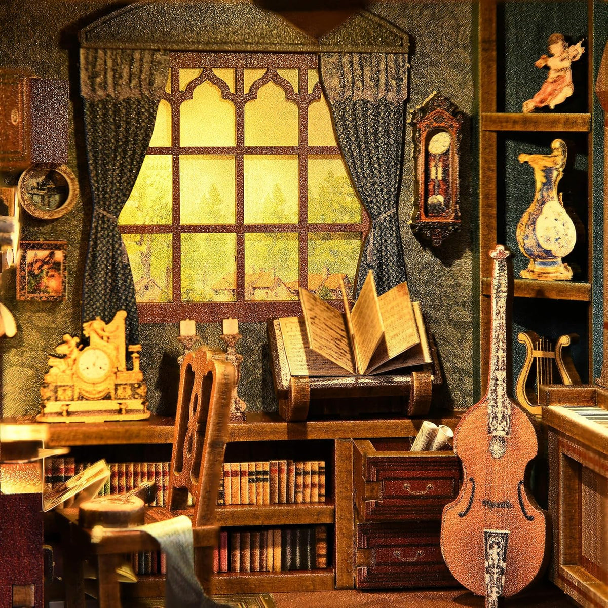 Timeless Melody Book Nook - DIY Miniature Dollhouse Music Kit for Adults, 3D Wooden Puzzle Bookends Bookshelf Insert Decor with LED Light, Gifts for Family, Friends