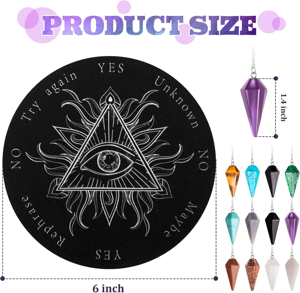 24 Pcs Crystal Pendulums Board Bulk Set 12 Wood Pendulum Board 6 Inches and 12 Dowsing Gemstone Pendants Divination Communication Tools for Beginners Witchcraft Altar Supplies, White and Black