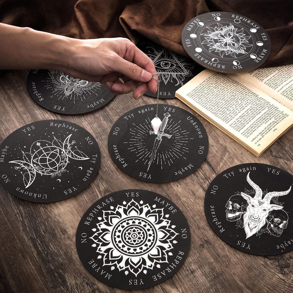 24 Pcs Crystal Pendulums Board Bulk Set 12 Wood Pendulum Board 6 Inches and 12 Dowsing Gemstone Pendants Divination Communication Tools for Beginners Witchcraft Altar Supplies, White and Black