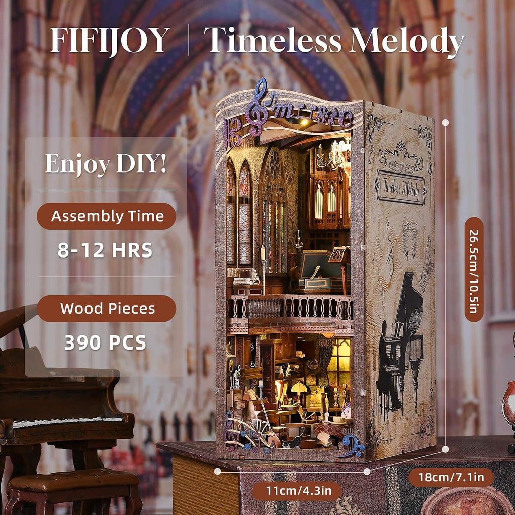 Timeless Melody Book Nook - DIY Miniature Dollhouse Music Kit for Adults, 3D Wooden Puzzle Bookends Bookshelf Insert Decor with LED Light, Gifts for Family, Friends