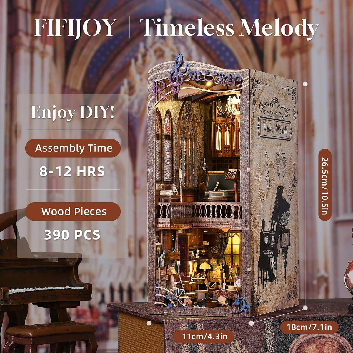 Timeless Melody Book Nook - DIY Miniature Dollhouse Music Kit for Adults, 3D Wooden Puzzle Bookends Bookshelf Insert Decor with LED Light, Gifts for Family, Friends