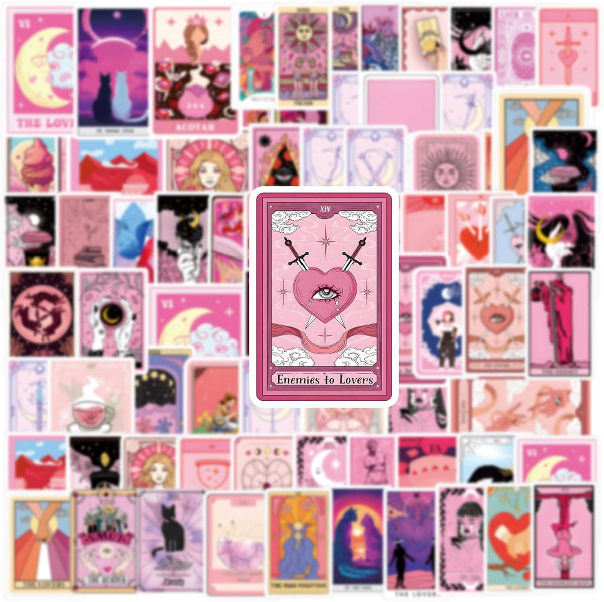 110PCS Pink Tarot Myth Magic Stickers Astrology Decals Divination Waterproof Vinyl Water Botter Laptop Decorations DIY Fortune for Skateboard Cute Kawaii Stickers