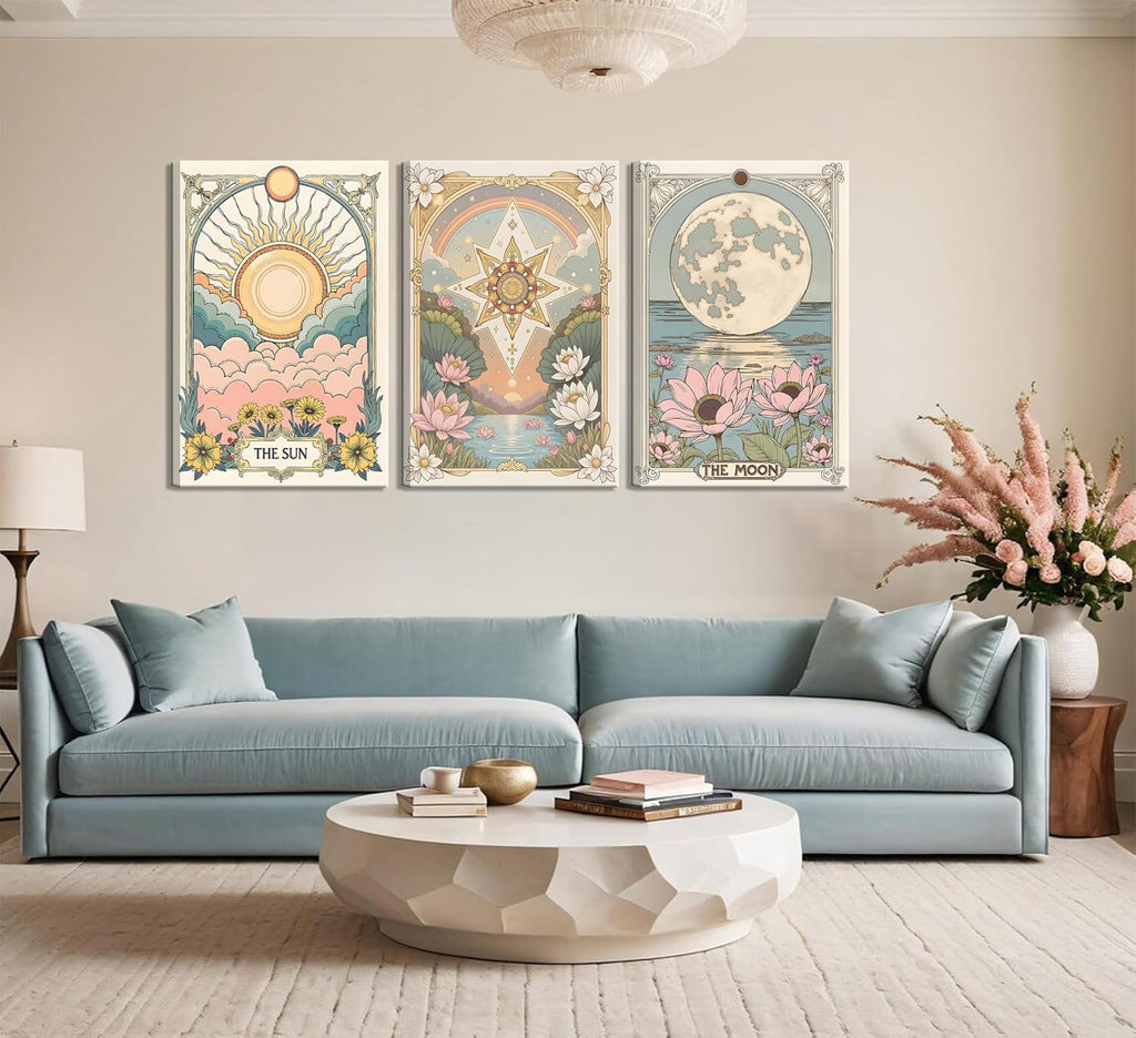 3Pcs Framed Tarot Crescent Sun and Moon Star Canvas Wall Art
