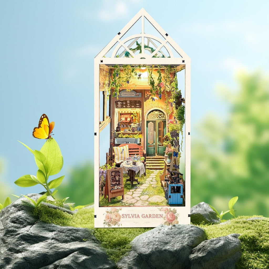 DIY Book Nook Kit,Diy Dollhouse Booknook Bookshelf Insert Decor,3D Wooden Puzzles with LED Dust Cover,Book Nook Miniature Kit,Birthday Halloween Home Decor for Teens Adult-Sylvia Garden