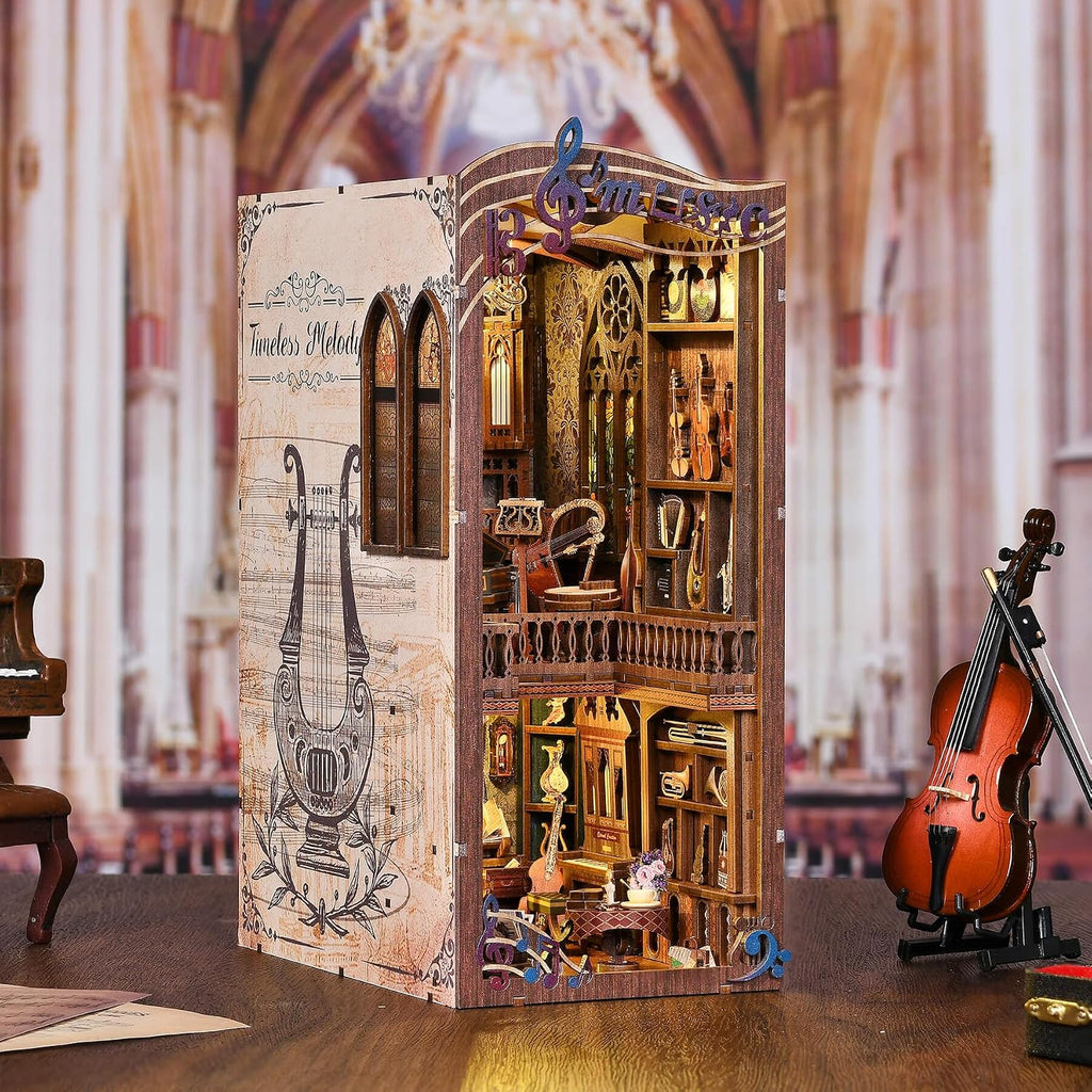 Timeless Melody Book Nook - DIY Miniature Dollhouse Music Kit for Adults, 3D Wooden Puzzle Bookends Bookshelf Insert Decor with LED Light, Gifts for Family, Friends