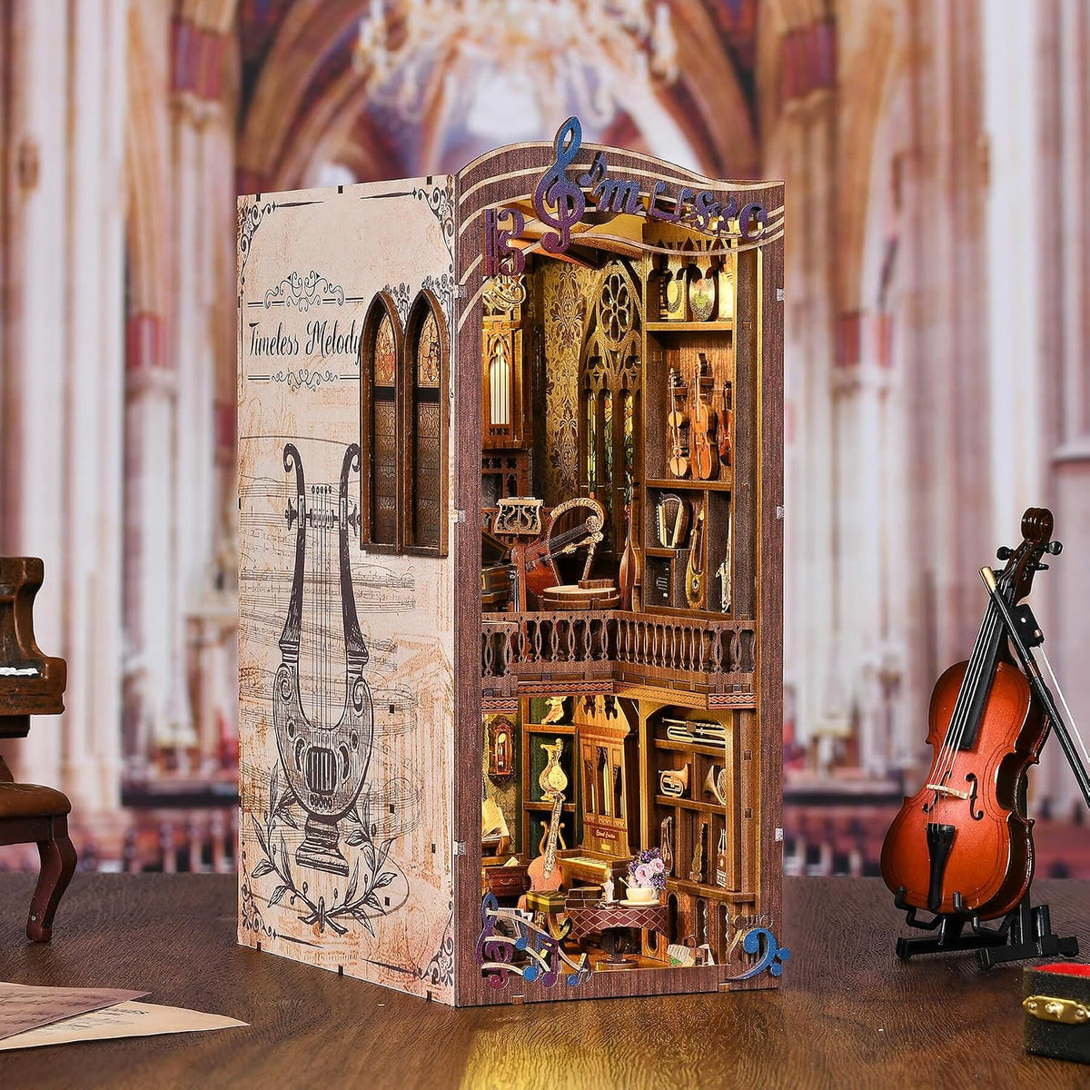 Timeless Melody Book Nook - DIY Miniature Dollhouse Music Kit for Adults, 3D Wooden Puzzle Bookends Bookshelf Insert Decor with LED Light, Gifts for Family, Friends