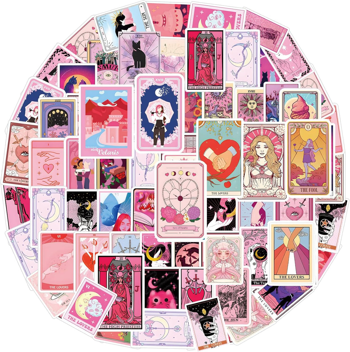 110PCS Pink Tarot Myth Magic Stickers Astrology Decals Divination Waterproof Vinyl Water Botter Laptop Decorations DIY Fortune for Skateboard Cute Kawaii Stickers