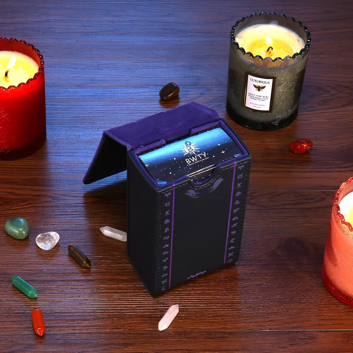 Tarot Cards Holder, Leather Tarot Card Case/Box, Suitable for Standard Size Tarot Cards (2.75In X 4.75In)-Moon Phase Design (Purple)