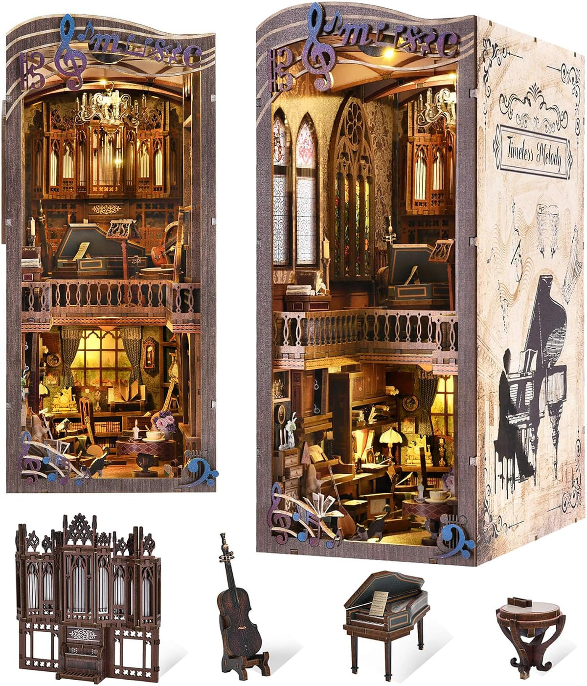 Timeless Melody Book Nook - DIY Miniature Dollhouse Music Kit for Adults, 3D Wooden Puzzle Bookends Bookshelf Insert Decor with LED Light, Gifts for Family, Friends