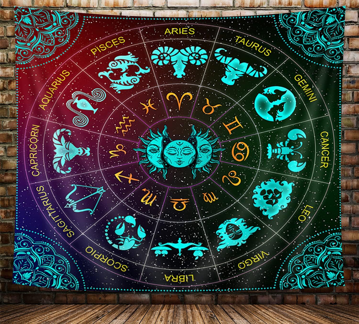 Zodiac Astrology Wall Hanging, Sun and Moon Constellation Blacklight Art, Trippy Mandala Boho Witchy Wall Tapestry for Bedroom, Living Room, Dorm, (60X40)