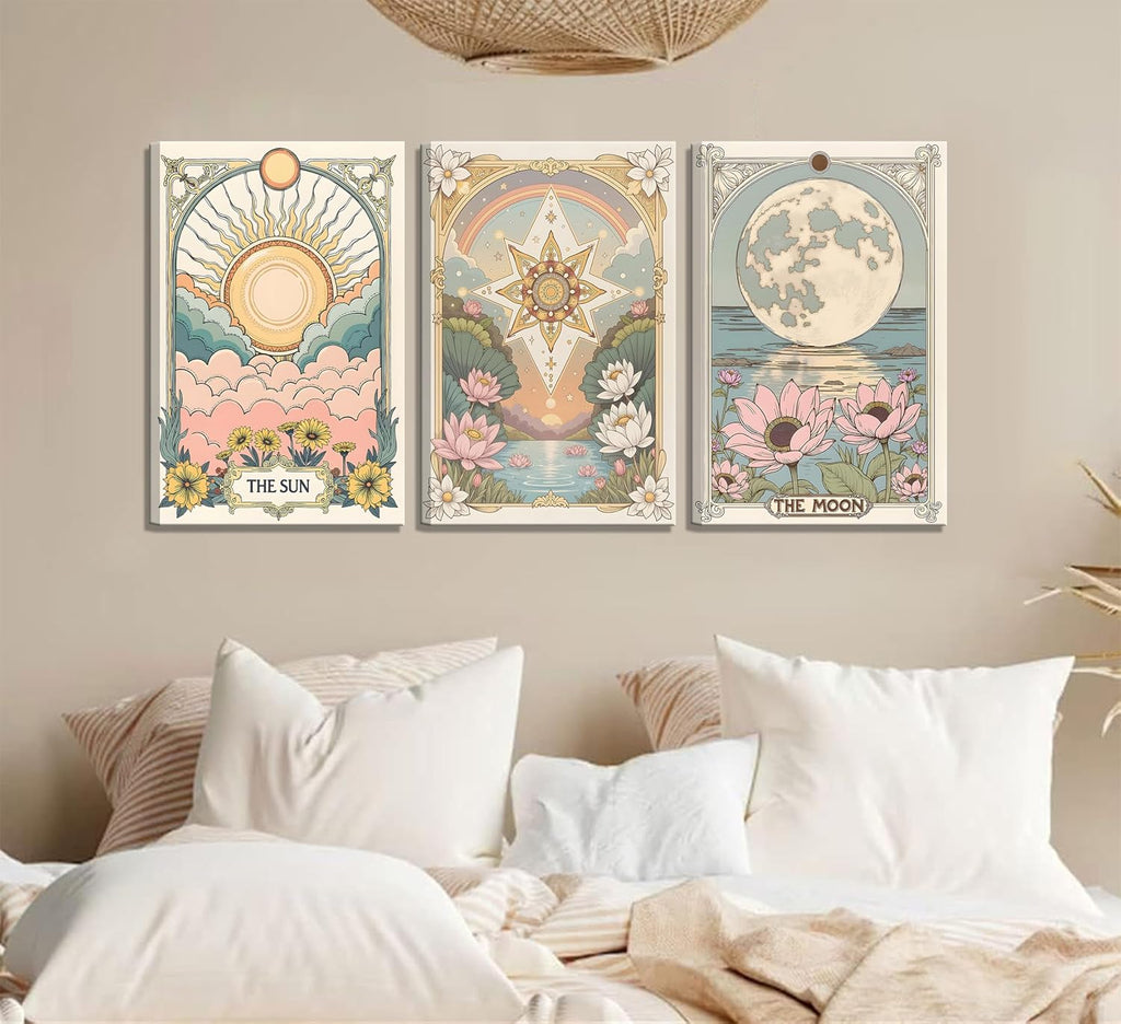 3Pcs Framed Tarot Crescent Sun and Moon Star Canvas Wall Art