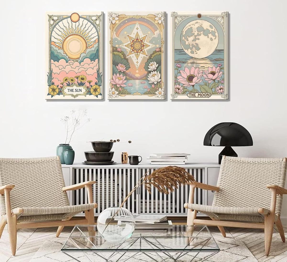 3Pcs Framed Tarot Crescent Sun and Moon Star Canvas Wall Art