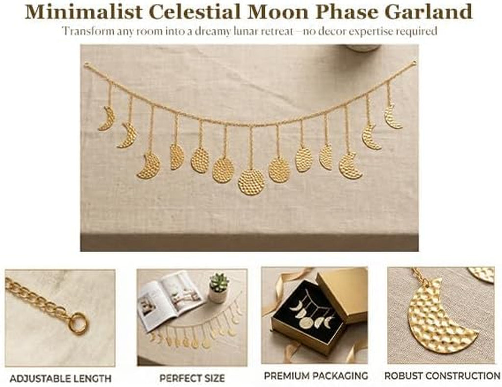 36 Inch Moon Phase Wall Decor, Handmade Hammered Metal Gold Boho Celestial Wall Art, 13 Phases Moon Hanging Decor for Bedroom Living Room, Gift for Women