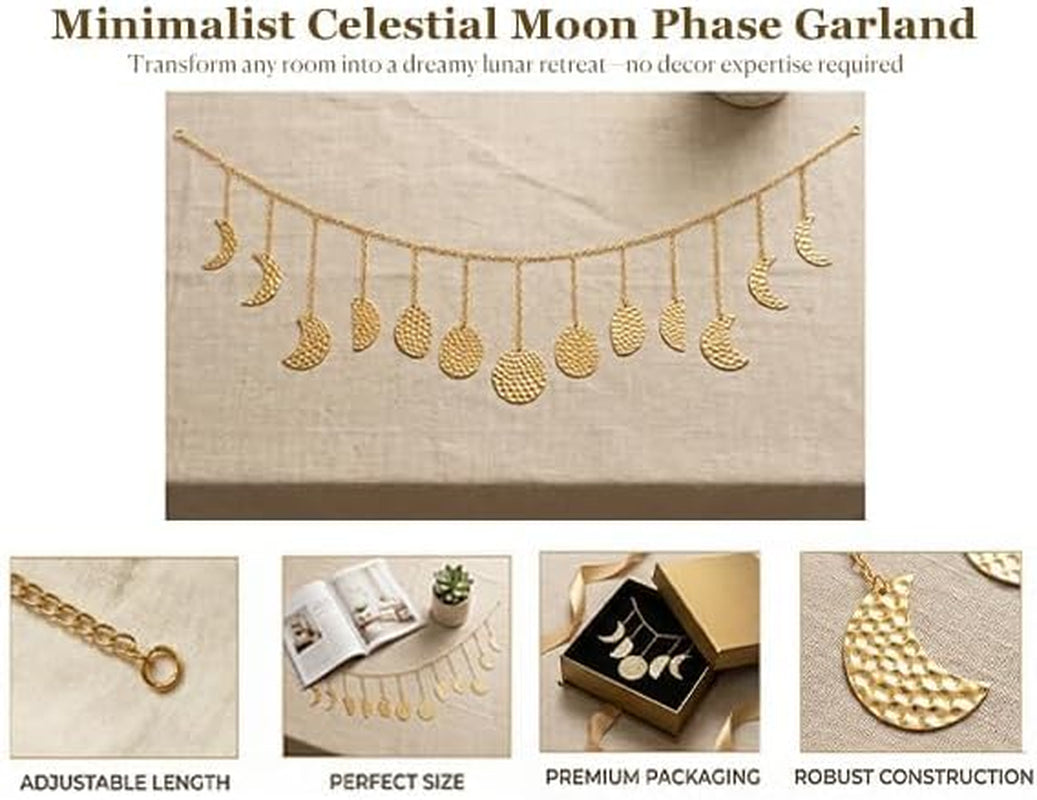 36 Inch Moon Phase Wall Decor, Handmade Hammered Metal Gold Boho Celestial Wall Art, 13 Phases Moon Hanging Decor for Bedroom Living Room, Gift for Women