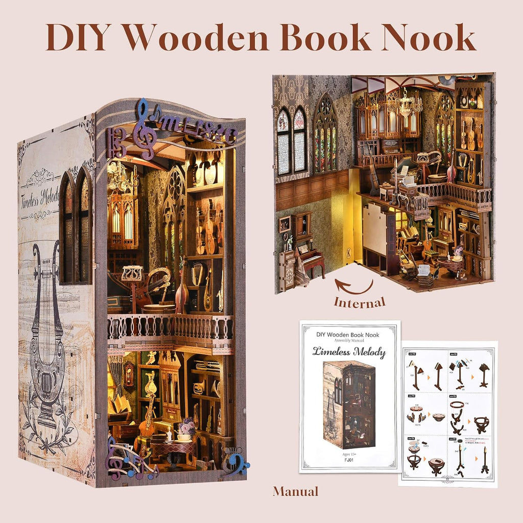 Timeless Melody Book Nook - DIY Miniature Dollhouse Music Kit for Adults, 3D Wooden Puzzle Bookends Bookshelf Insert Decor with LED Light, Gifts for Family, Friends