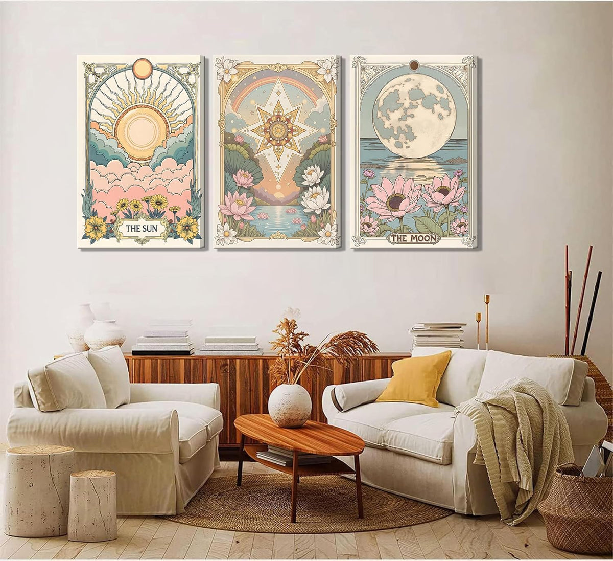3Pcs Framed Tarot Crescent Sun and Moon Star Canvas Wall Art