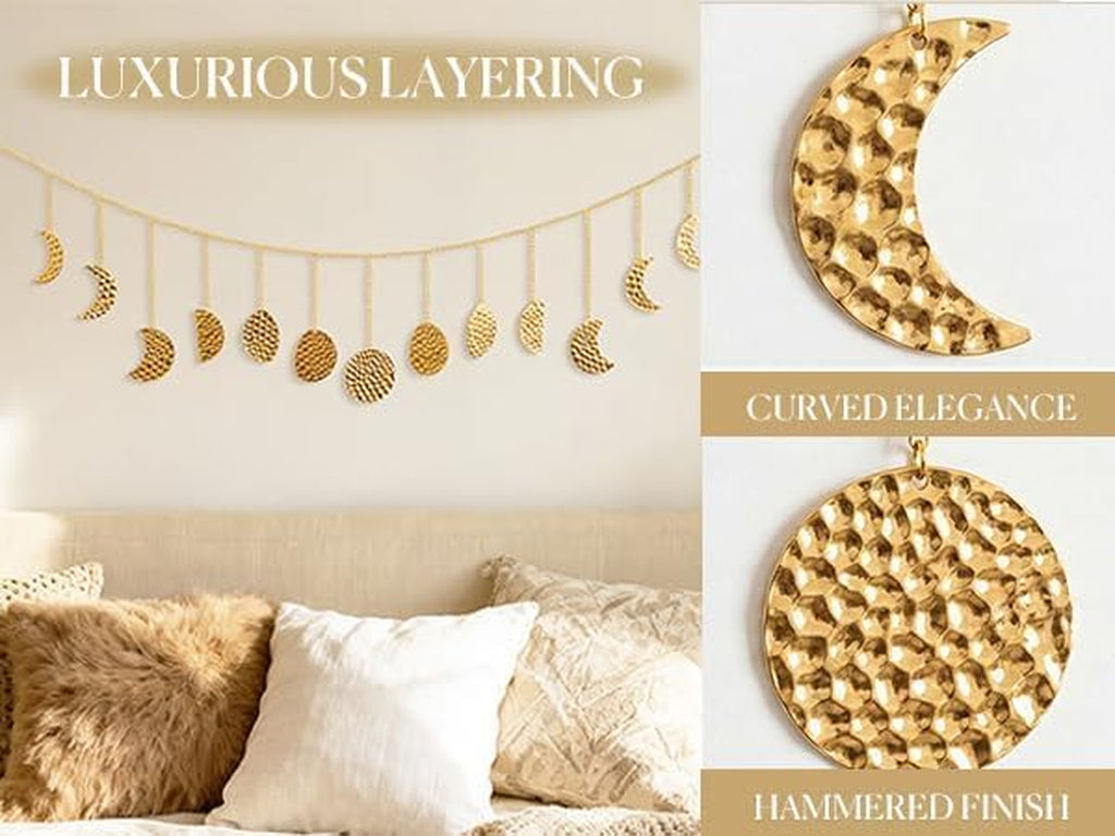36 Inch Moon Phase Wall Decor, Handmade Hammered Metal Gold Boho Celestial Wall Art, 13 Phases Moon Hanging Decor for Bedroom Living Room, Gift for Women