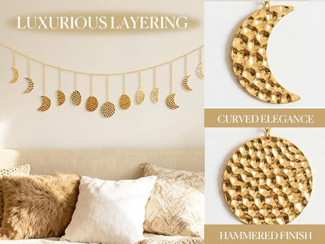 36 Inch Moon Phase Wall Decor, Handmade Hammered Metal Gold Boho Celestial Wall Art, 13 Phases Moon Hanging Decor for Bedroom Living Room, Gift for Women