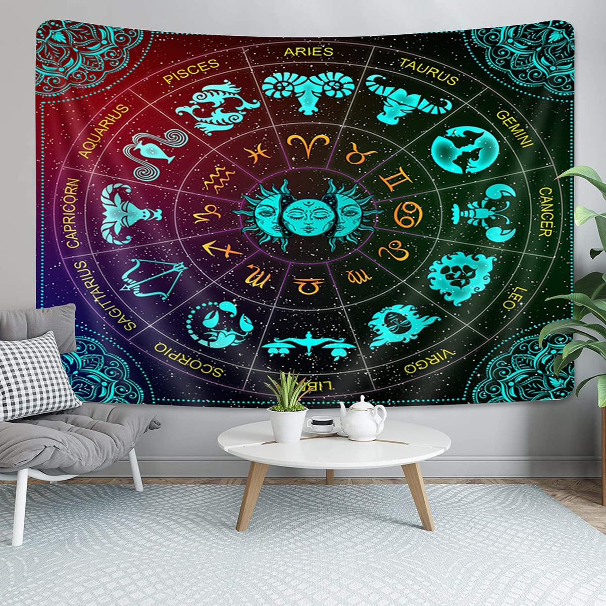 Zodiac Astrology Wall Hanging, Sun and Moon Constellation Blacklight Art, Trippy Mandala Boho Witchy Wall Tapestry for Bedroom, Living Room, Dorm, (60X40)