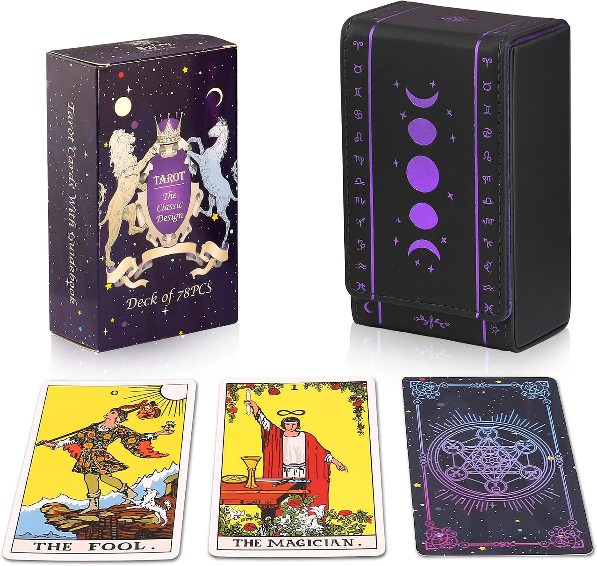 Tarot Cards Holder, Leather Tarot Card Case/Box, Suitable for Standard Size Tarot Cards (2.75In X 4.75In)-Moon Phase Design (Purple)