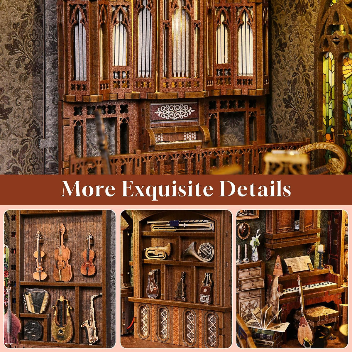 Timeless Melody Book Nook - DIY Miniature Dollhouse Music Kit for Adults, 3D Wooden Puzzle Bookends Bookshelf Insert Decor with LED Light, Gifts for Family, Friends