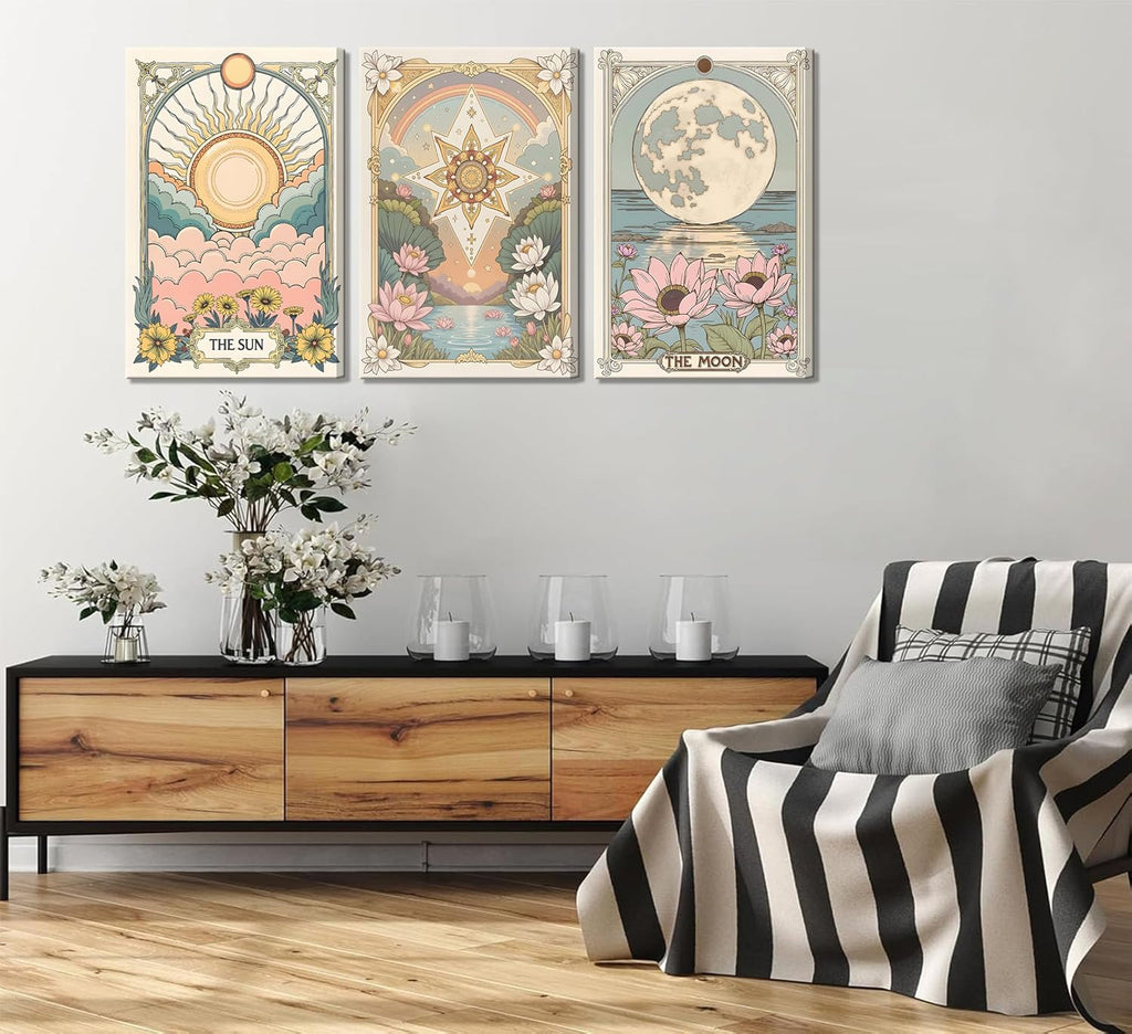 3Pcs Framed Tarot Crescent Sun and Moon Star Canvas Wall Art