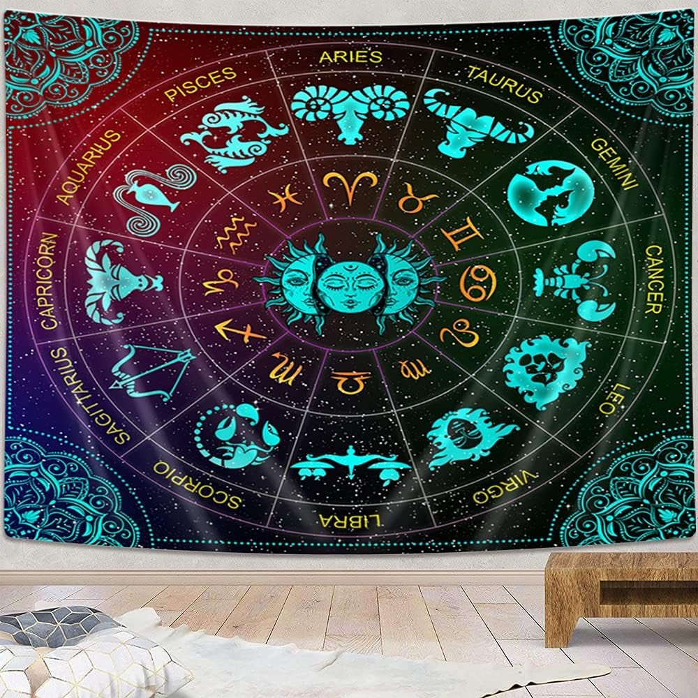 Zodiac Astrology Wall Hanging, Sun and Moon Constellation Blacklight Art, Trippy Mandala Boho Witchy Wall Tapestry for Bedroom, Living Room, Dorm, (60X40)