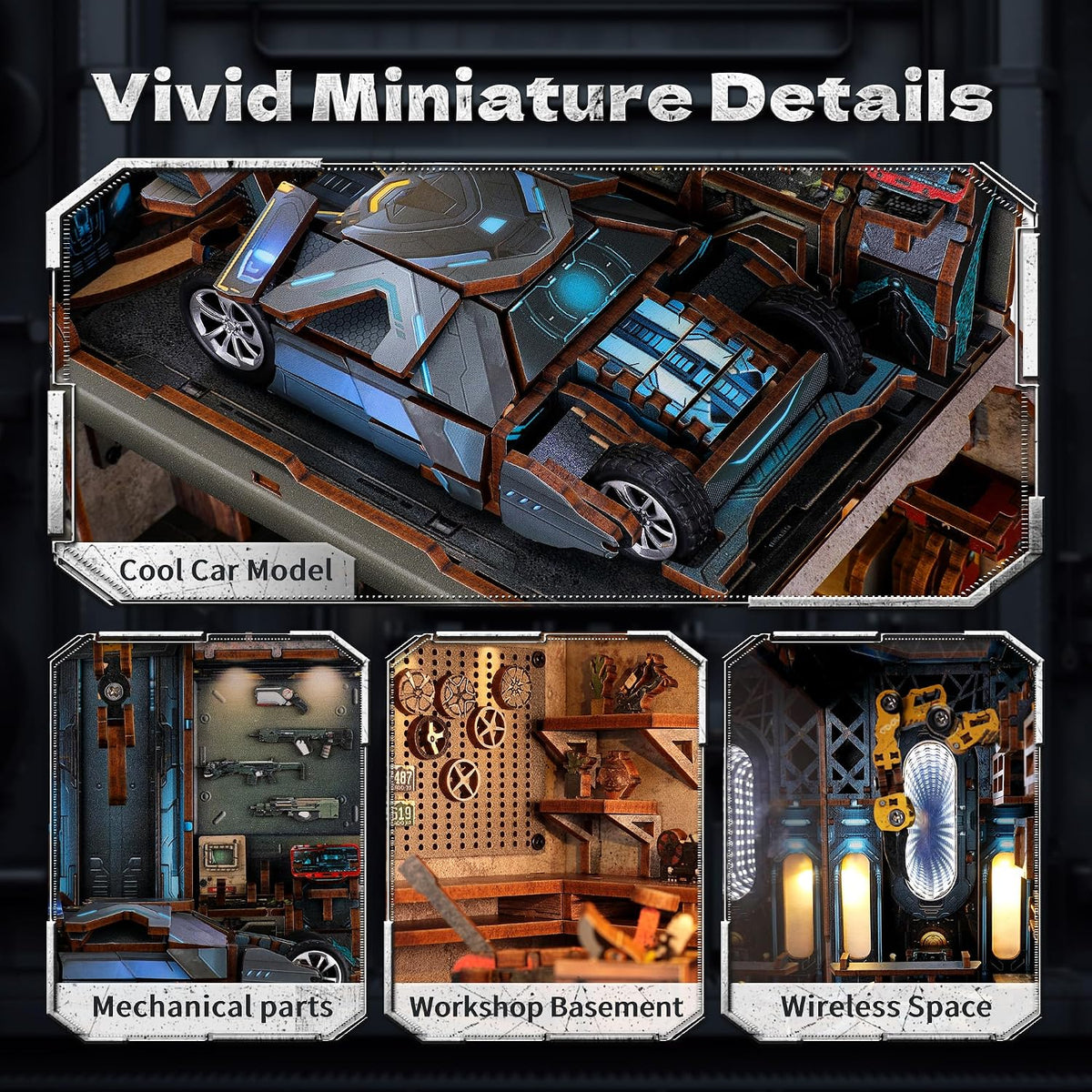 3D Wood Puzzle Book Nook Kit, Automobile Workshop Miniature Bookshelf Insert Décor with LED Lights, DIY Mechanical Model for Display, Unique Craft for Adults (Automobile Workshop)