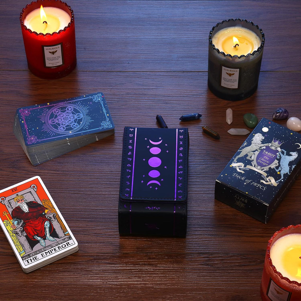 Tarot Cards Holder, Leather Tarot Card Case/Box, Suitable for Standard Size Tarot Cards (2.75In X 4.75In)-Moon Phase Design (Purple)