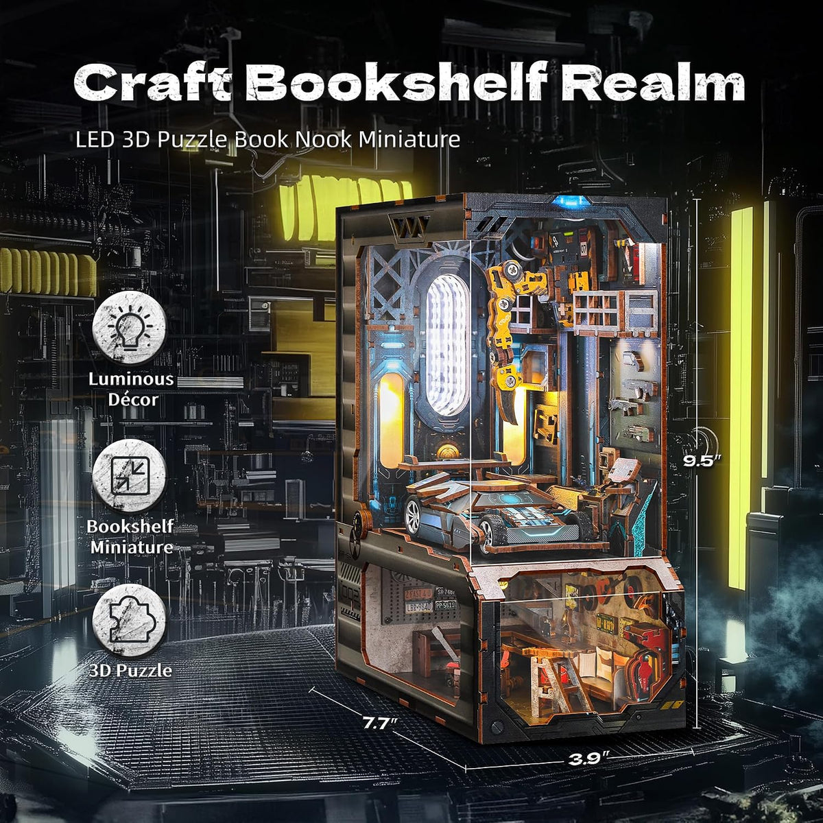 3D Wood Puzzle Book Nook Kit, Automobile Workshop Miniature Bookshelf Insert Décor with LED Lights, DIY Mechanical Model for Display, Unique Craft for Adults (Automobile Workshop)