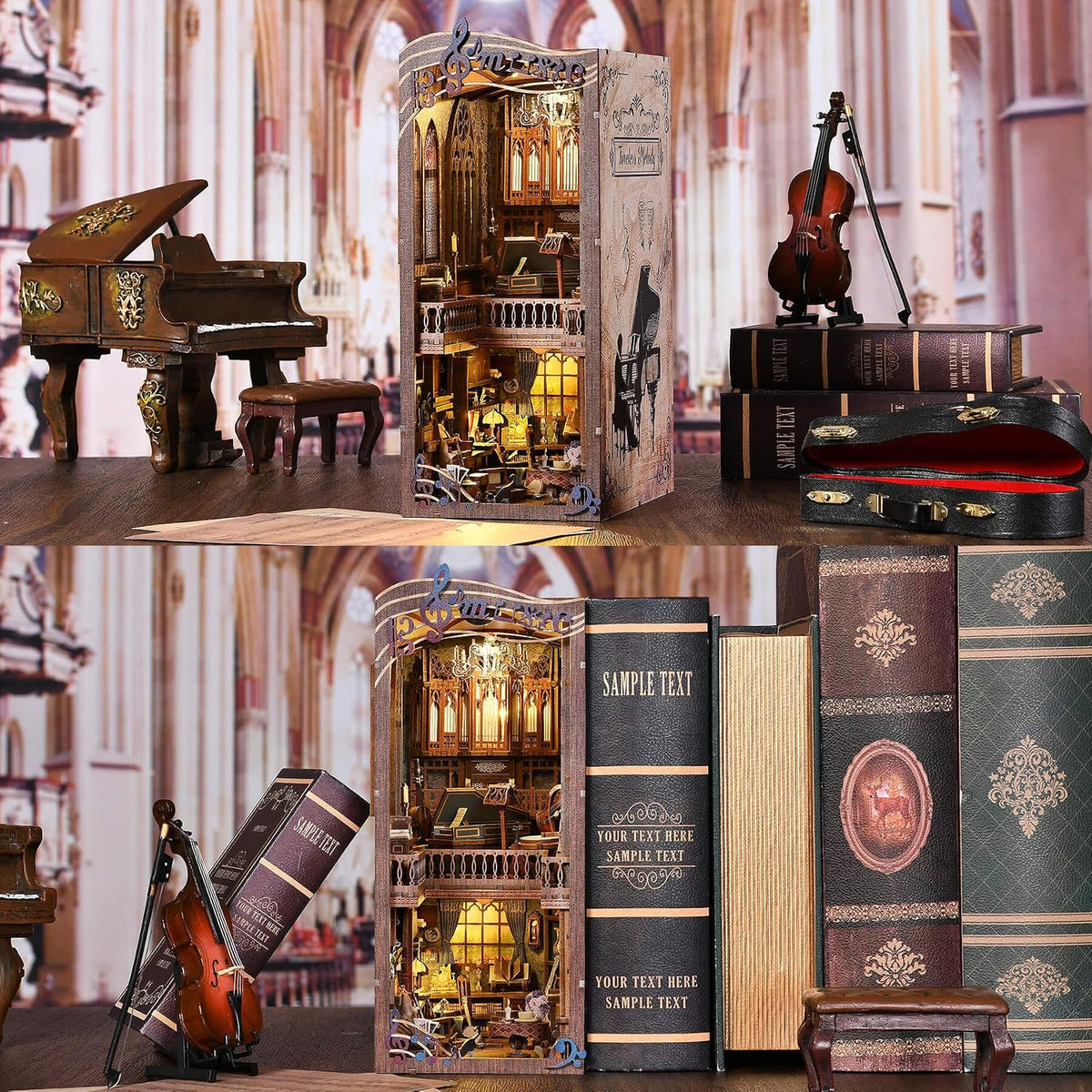 Timeless Melody Book Nook - DIY Miniature Dollhouse Music Kit for Adults, 3D Wooden Puzzle Bookends Bookshelf Insert Decor with LED Light, Gifts for Family, Friends