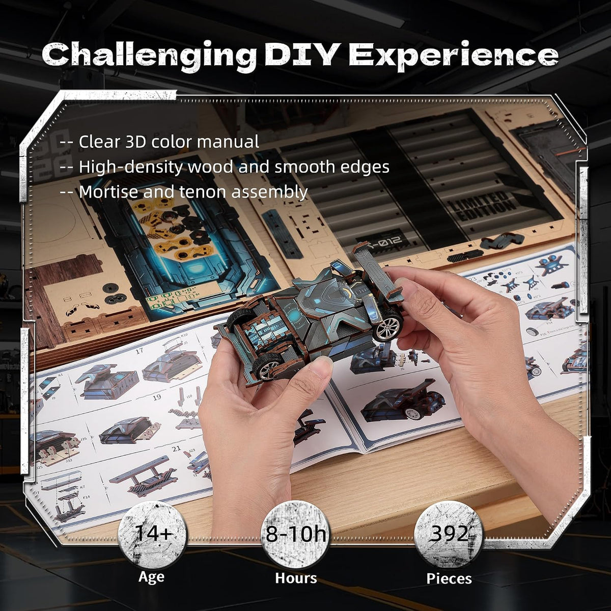 3D Wood Puzzle Book Nook Kit, Automobile Workshop Miniature Bookshelf Insert Décor with LED Lights, DIY Mechanical Model for Display, Unique Craft for Adults (Automobile Workshop)