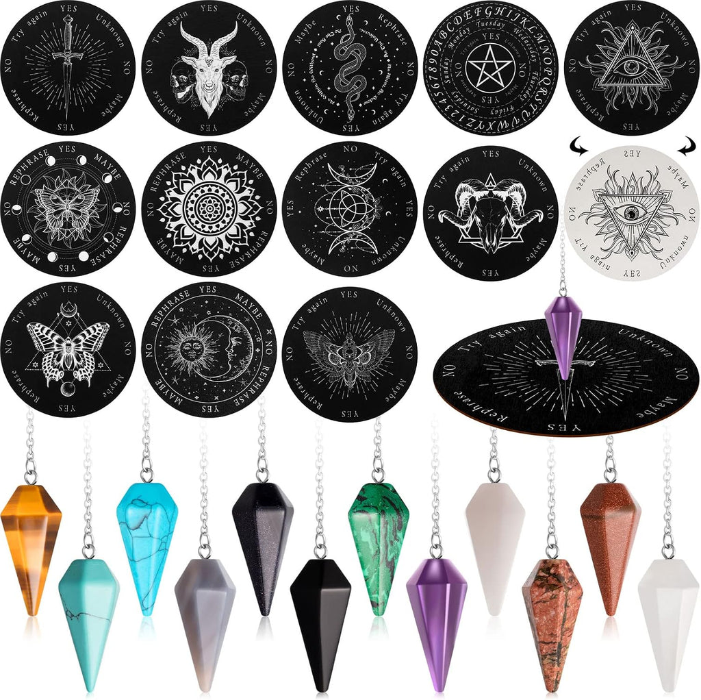 24 Pcs Crystal Pendulums Board Bulk Set 12 Wood Pendulum Board 6 Inches and 12 Dowsing Gemstone Pendants Divination Communication Tools for Beginners Witchcraft Altar Supplies, White and Black