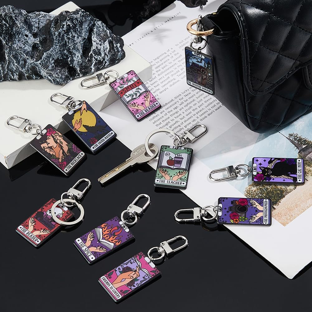 10Pcs 10Styles Tarot Pendants Keychains Arylic Tarot Card Charms Sun Moon Stitch Markers Astrology Divination Charms with Alloy Swivel Clasps for Jewelry Making DIY Crafts, 7.5Cm(Black)