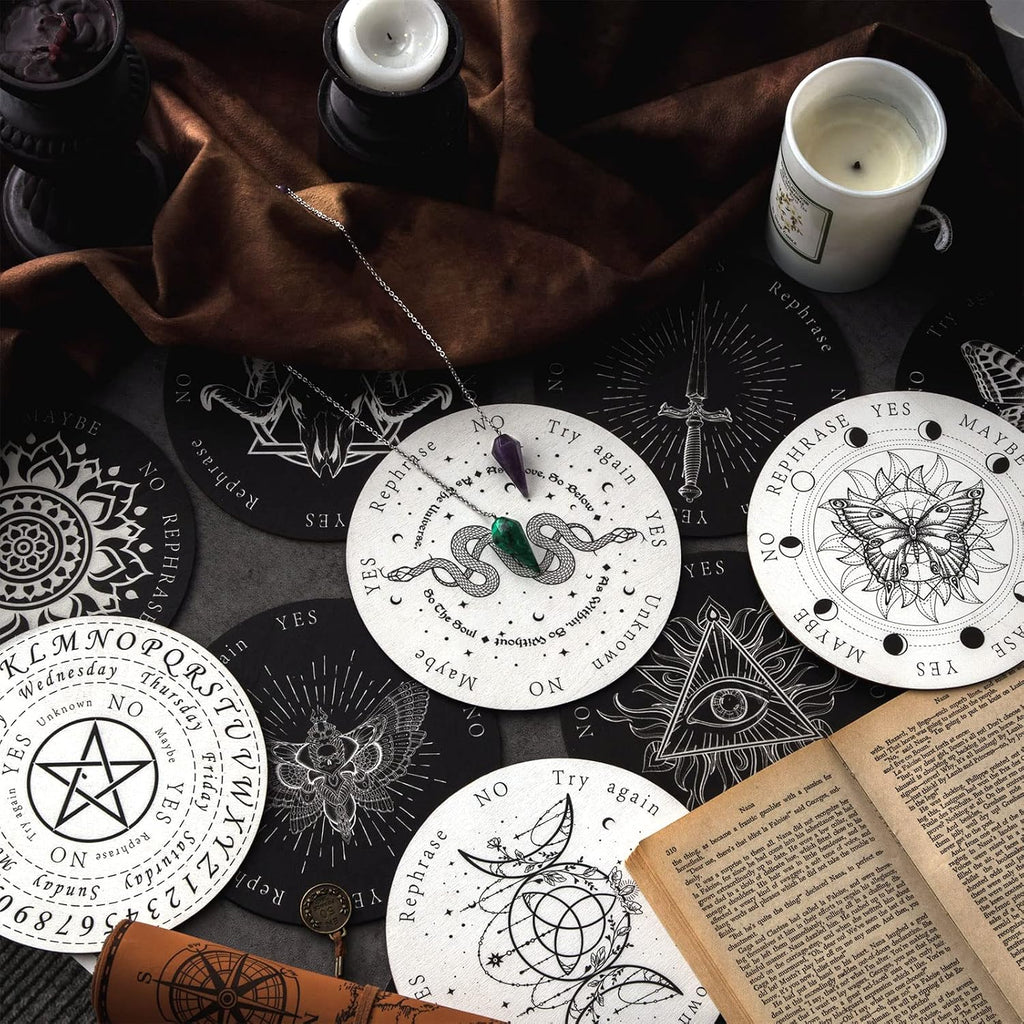 24 Pcs Crystal Pendulums Board Bulk Set 12 Wood Pendulum Board 6 Inches and 12 Dowsing Gemstone Pendants Divination Communication Tools for Beginners Witchcraft Altar Supplies, White and Black
