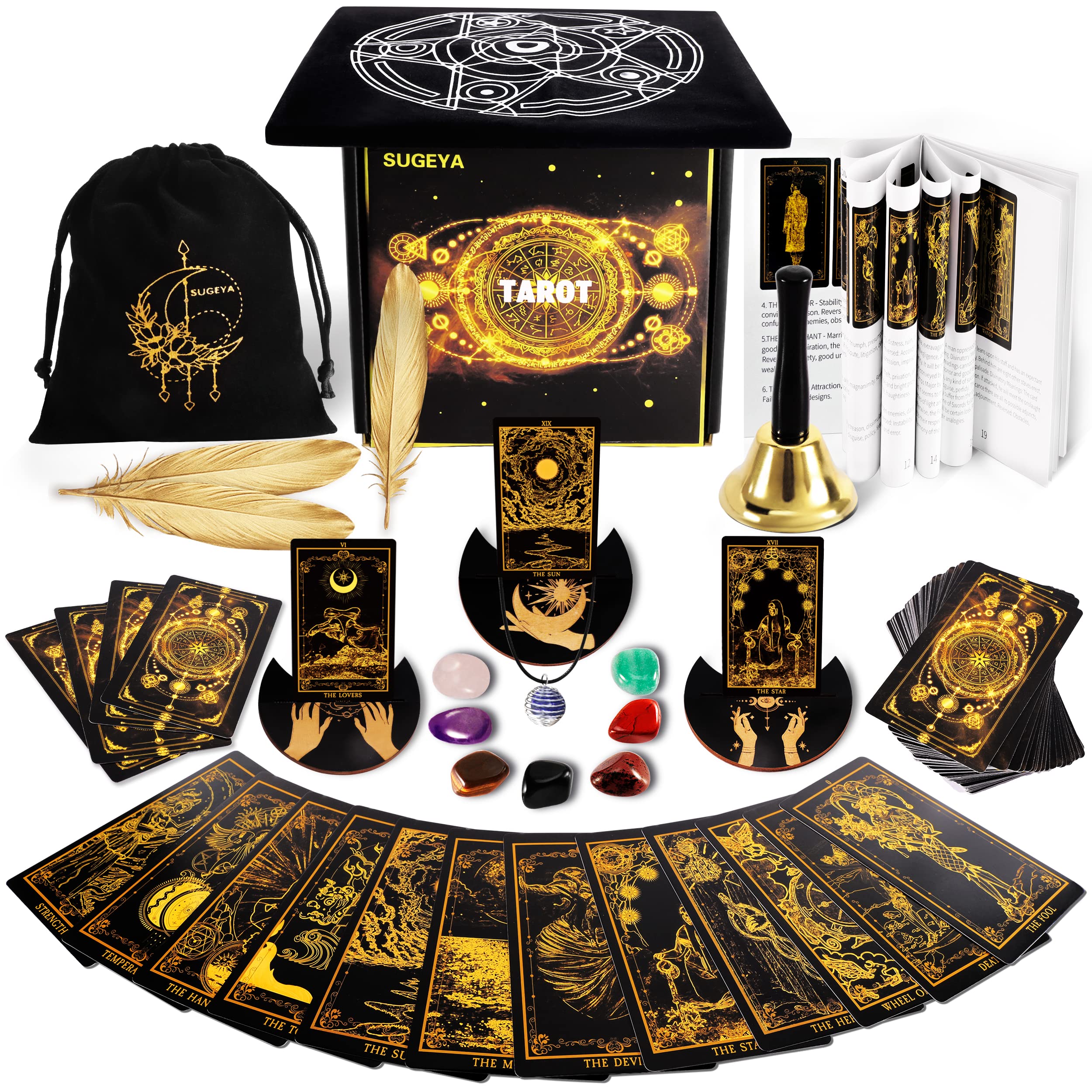 78 Tarot Cards with Guide Book Black Tarot Deck Gift Set with Tarot Cloth Chakra Stones and More Tarot Cards Deck Fortune Telling Game Craft Cardboard for Beginners and Expert Readers